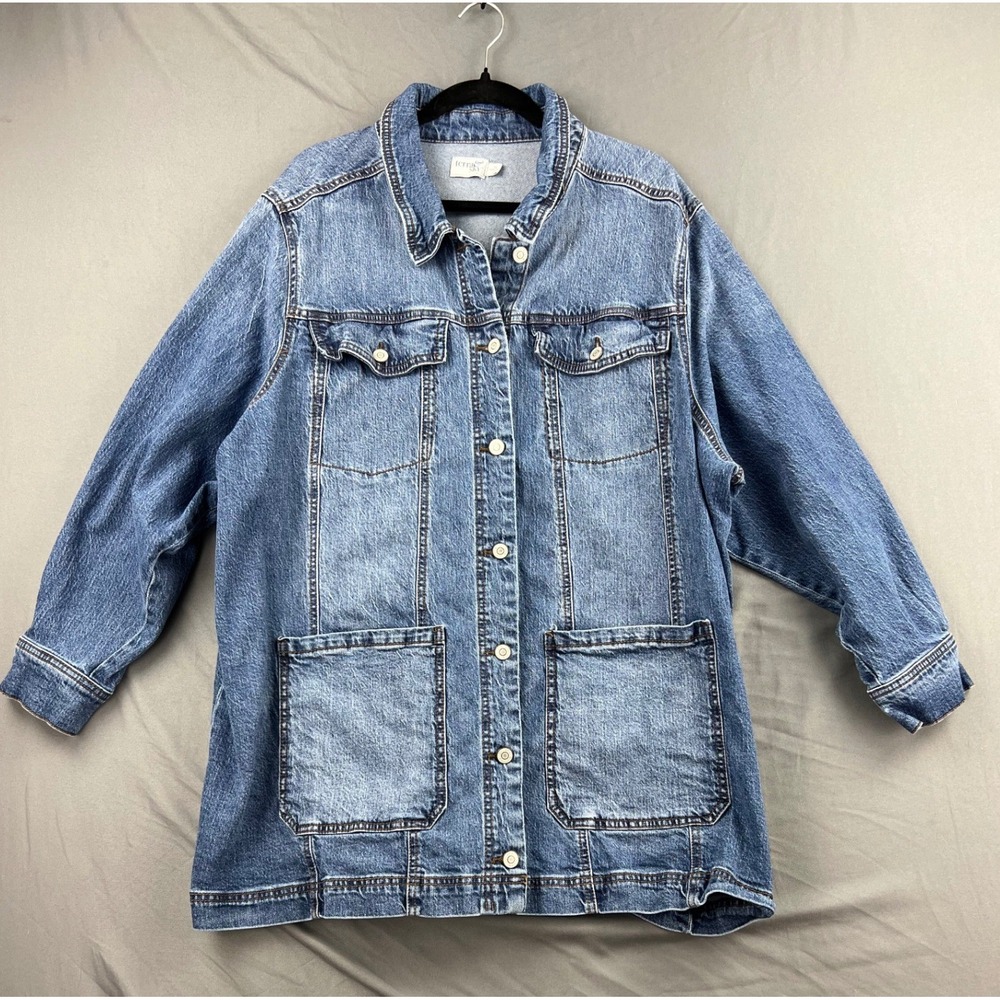 Terra & Sky Denim Jacket Women 3X Longline Chore Coat Blue Medium Wash Vtg Style